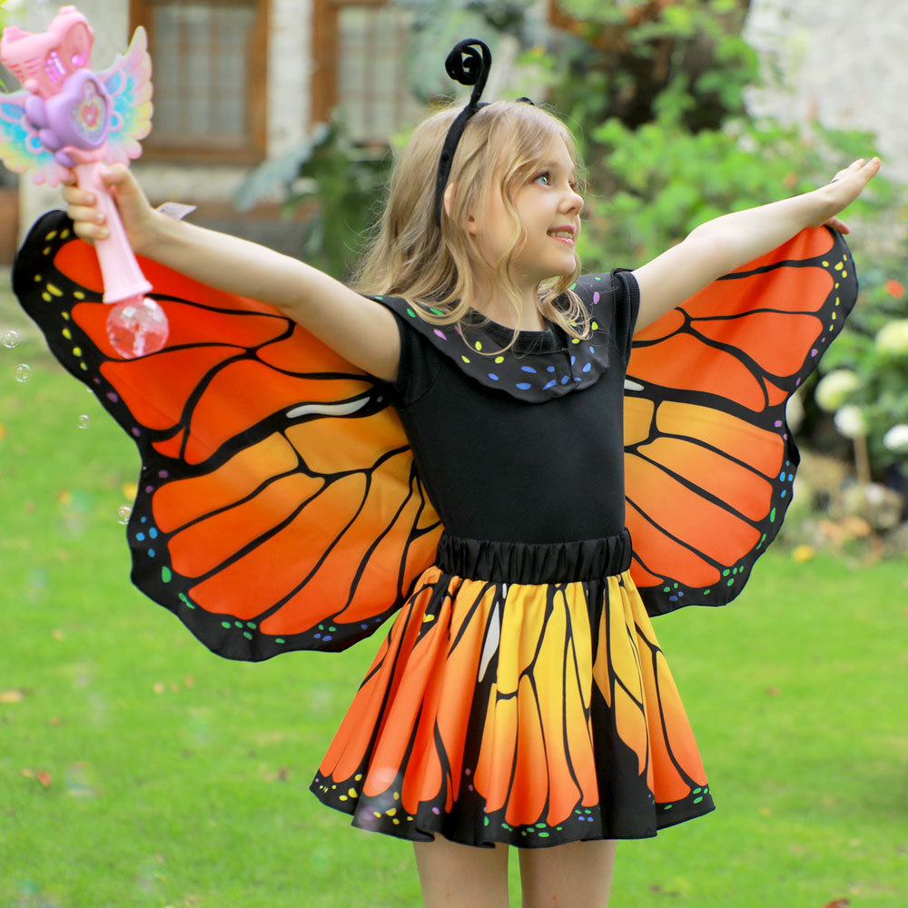 Kids Monarch Butterfly Dress-Up Set with Cape, Skirt, Mask, Headband, Stickers, Invitation Cards & Magic Wand