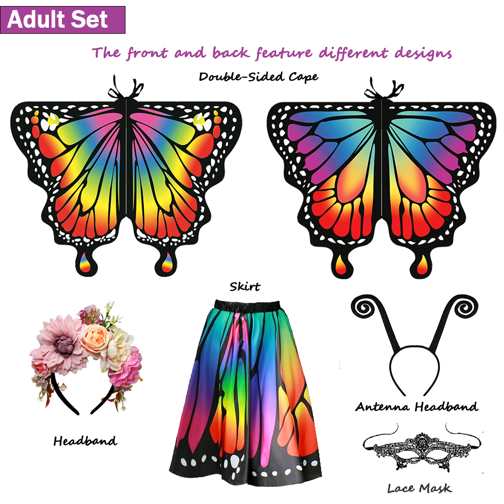Butterfly Cape Costume Set for Mom & Kids — Antenna Headband, Lace Face Mask, Double-Sided Cape & Short Skirt + Invitation Card & Sticker Pack | One Size | All-Season