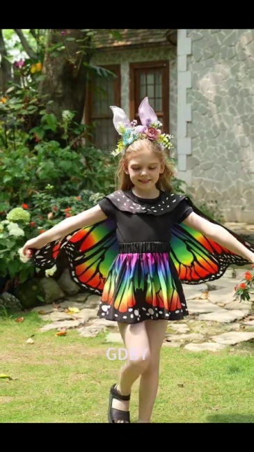 Rainbow Butterfly Cape Costume Set for Girls — One Size 1m–1.4m (39–55 in), 2 Headbands, Invite Cards & Stickers — All-Season Dress Up Outfit