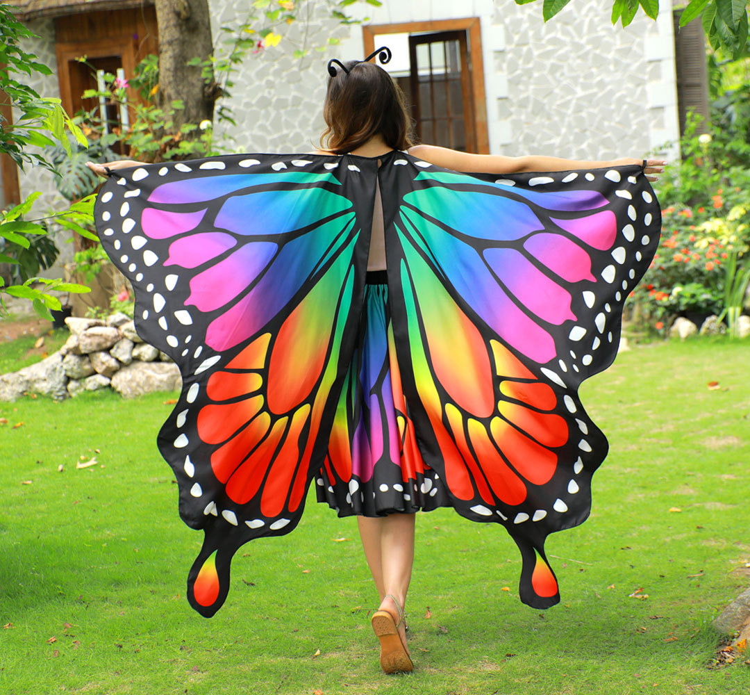 Butterfly Cape Costume Set for Mom & Kids — Antenna Headband, Lace Face Mask, Double-Sided Cape & Short Skirt + Invitation Card & Sticker Pack | One Size | All-Season