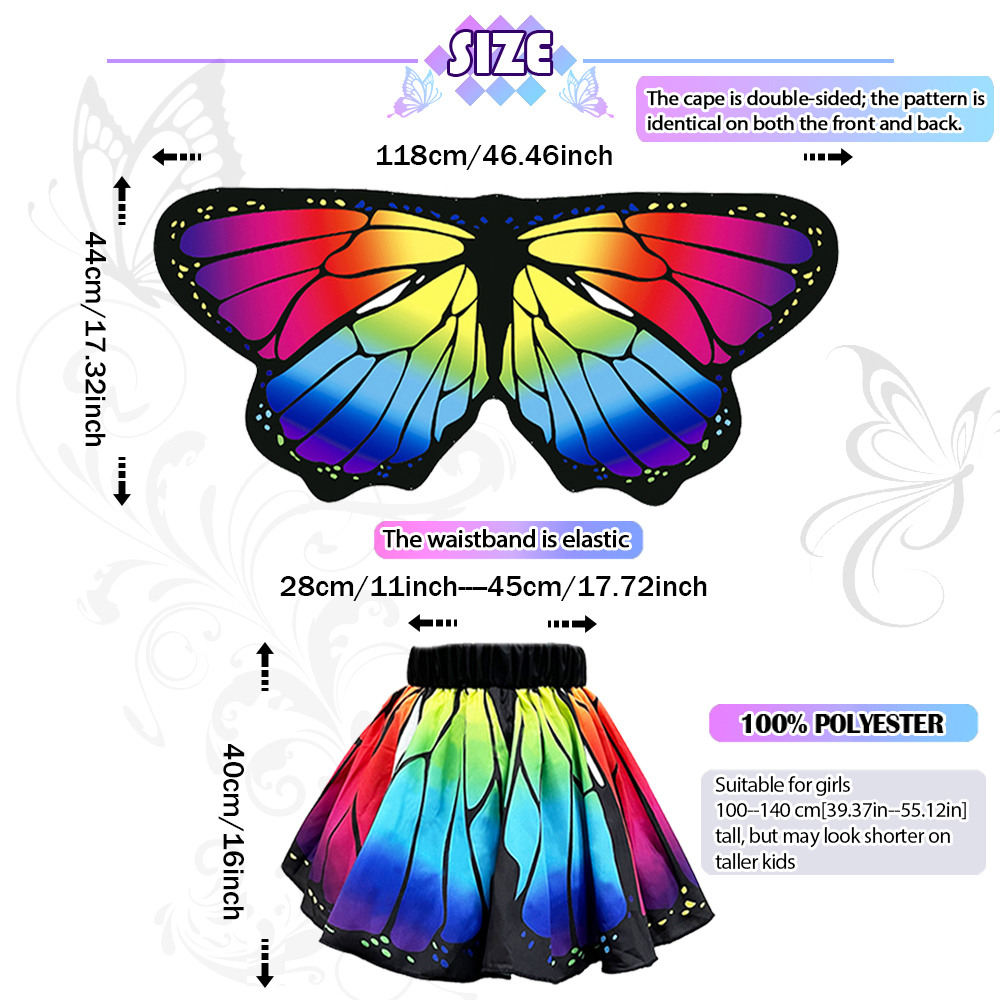 Girls Butterfly Cape Costume Set (Polyester) – Rainbow Fairy Wings Cape & Headbands for Kids Age 5-11, One Size 39–55 in, Dress Up for Party, Performance, Halloween & Gift