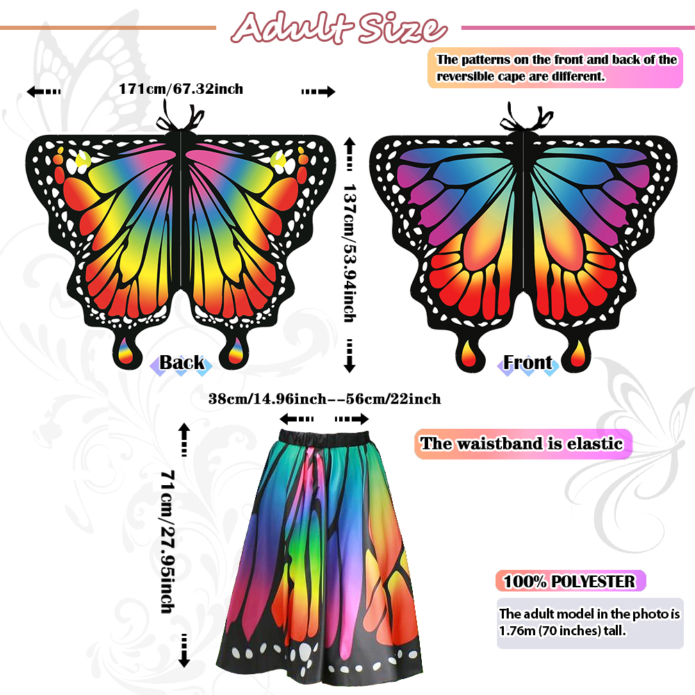 Butterfly Cape Costume Set for Mom & Kids — Antenna Headband, Lace Face Mask, Double-Sided Cape & Short Skirt + Invitation Card & Sticker Pack | One Size | All-Season