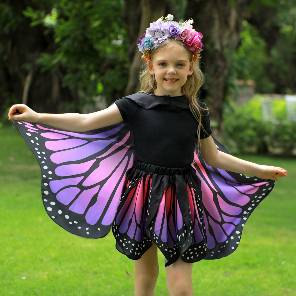 Kids Monarch Butterfly Dress-Up Set with Cape, Skirt, Mask, Headband, Stickers, Invitation Cards & Magic Wand – One Size Fits 39"–55" (100–140 cm)  Colors: Orange, Purple