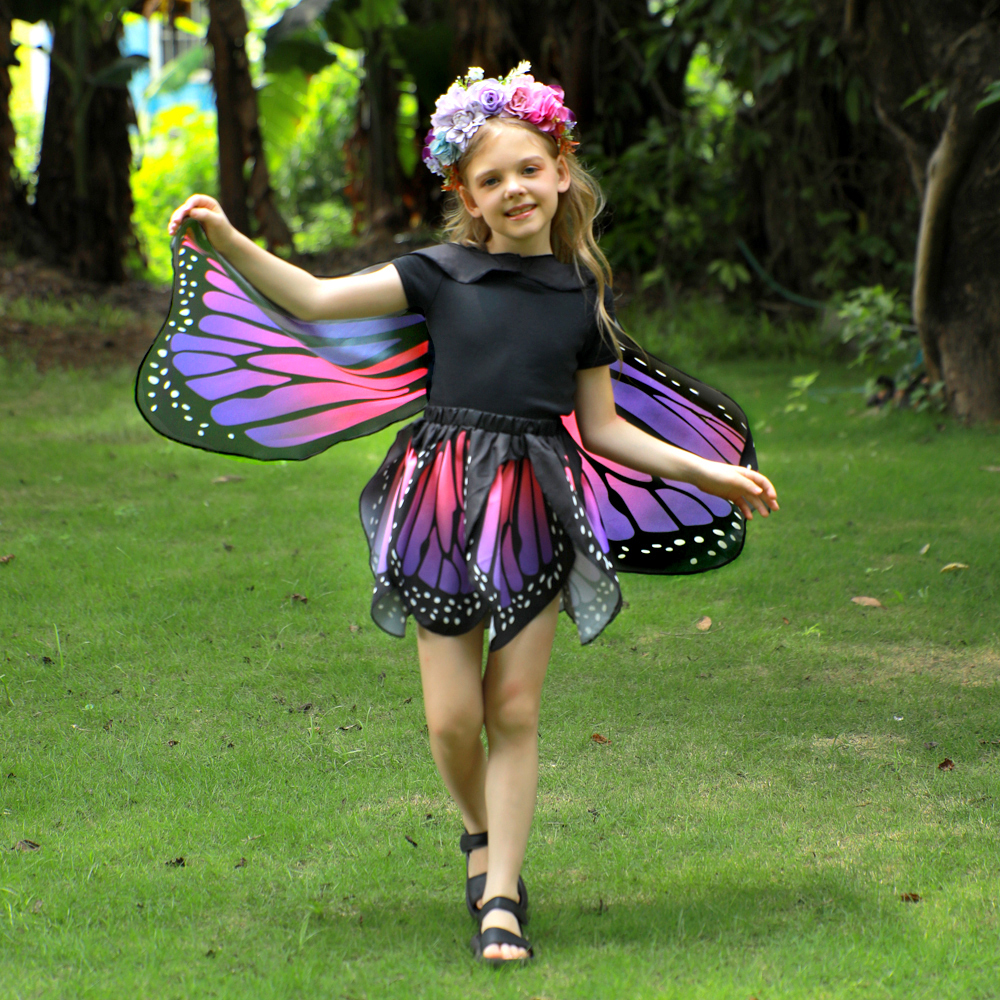 Kids Monarch Butterfly Dress-Up Set with Cape, Skirt, Mask, Headband, Stickers, Invitation Cards & Magic Wand