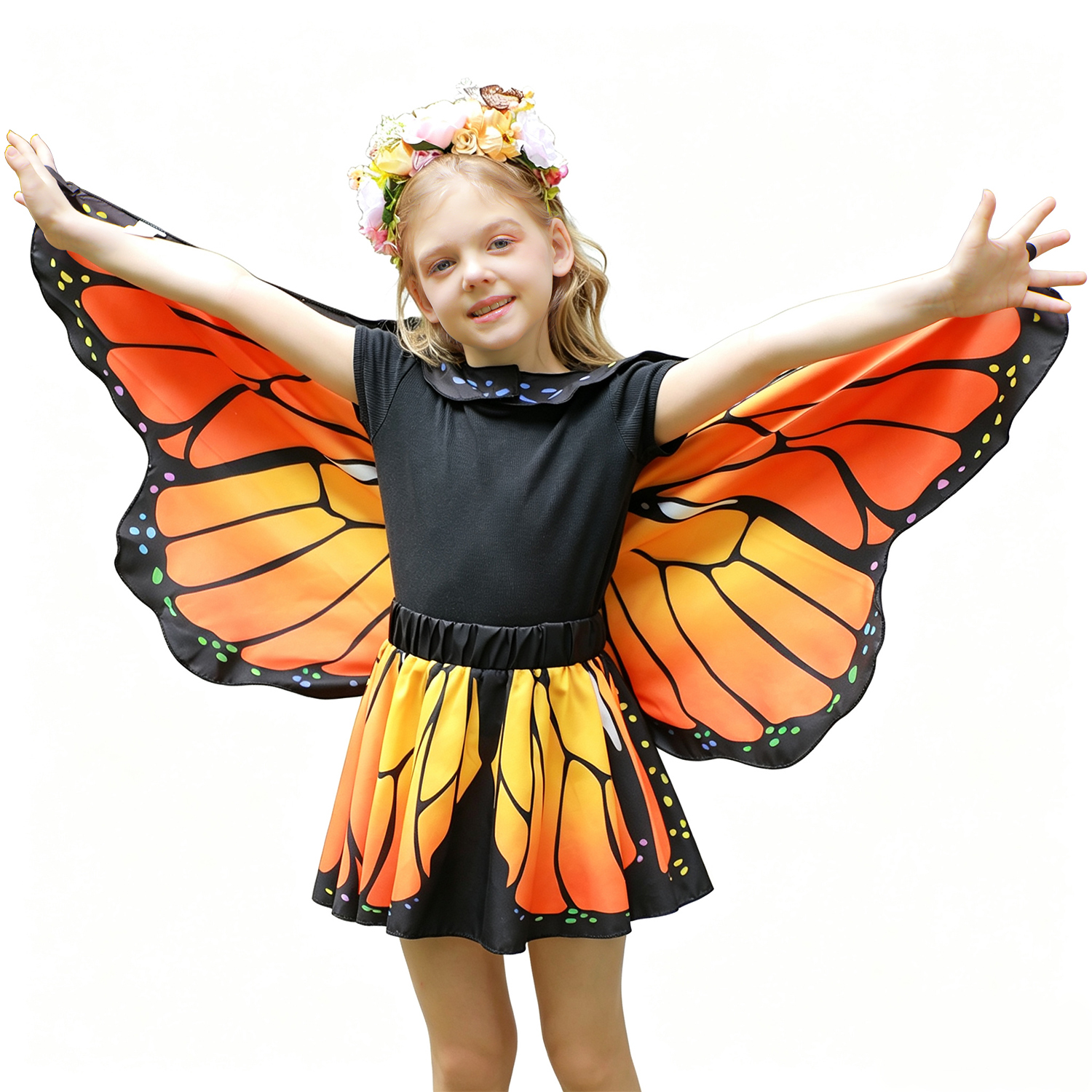 Kids Monarch Butterfly Dress-Up Set with Cape, Skirt, Mask, Headband, Stickers, Invitation Cards & Magic Wand （One size）