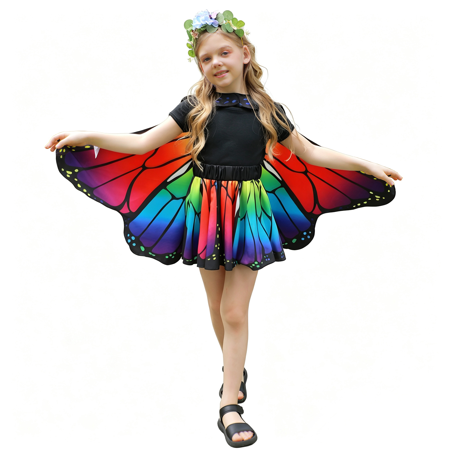 Girls Butterfly Cape Costume Set (Polyester) – Rainbow Fairy Wings Cape & Headbands for Kids Age 5-11, One Size 39–55 in, Dress Up for Party, Performance, Halloween & Gift