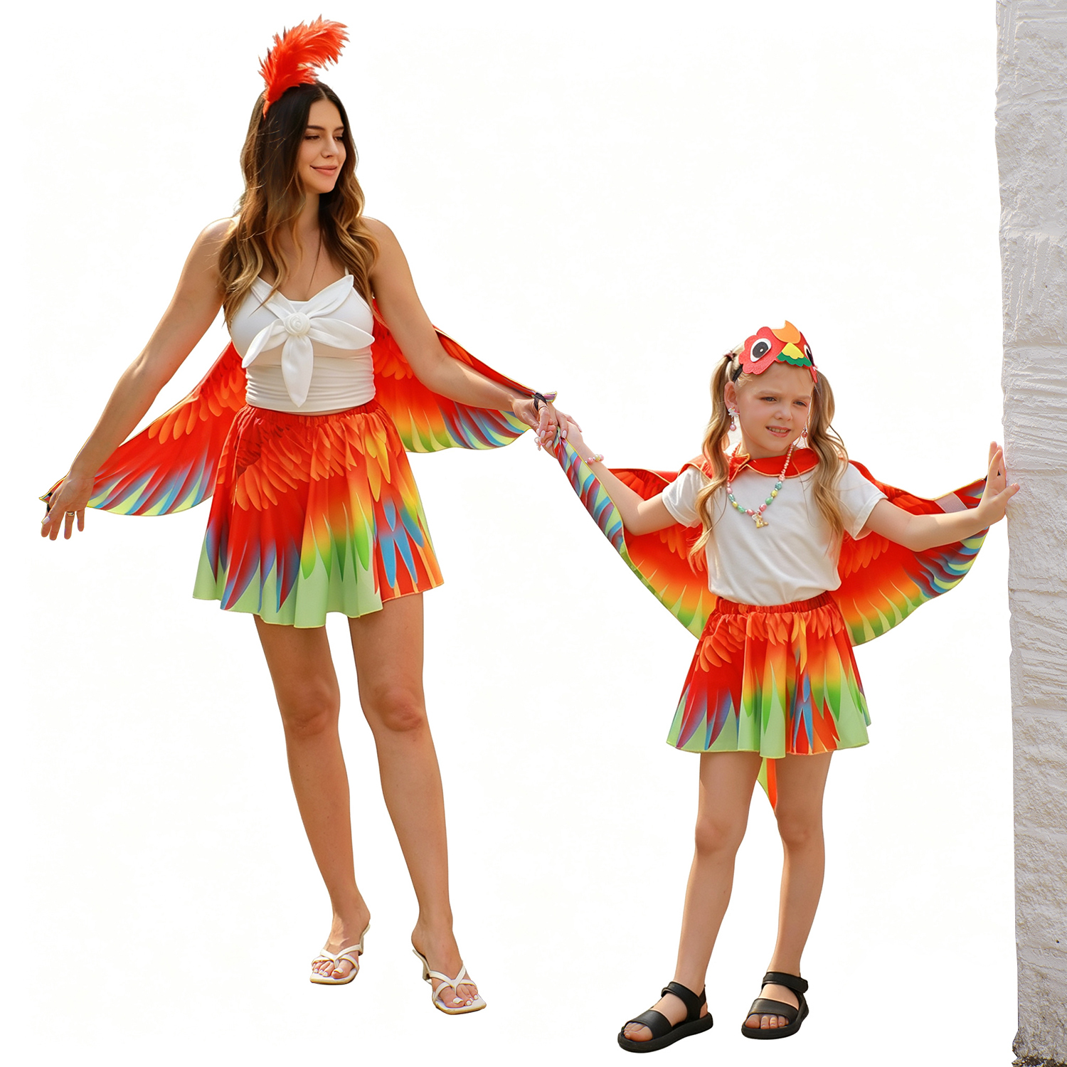 Red Parrot  Fantasy  Party Costume Outfit Set for Mommy & Daughter （One size）