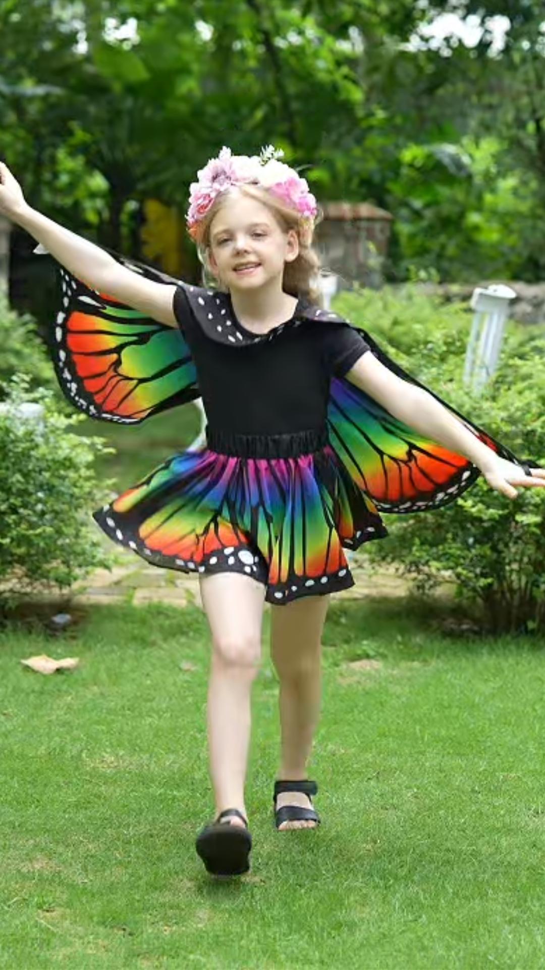 Rainbow Butterfly Cape Costume Set for Girls — One Size 1m–1.4m (39–55 in), 2 Headbands, Invite Cards & Stickers — All-Season Dress Up Outfit