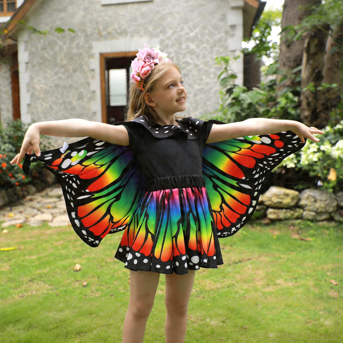 Rainbow Butterfly Cape Costume Set for Girls — One Size 1m–1.4m (39–55 in), 2 Headbands, Invite Cards & Stickers — All-Season Dress Up Outfit