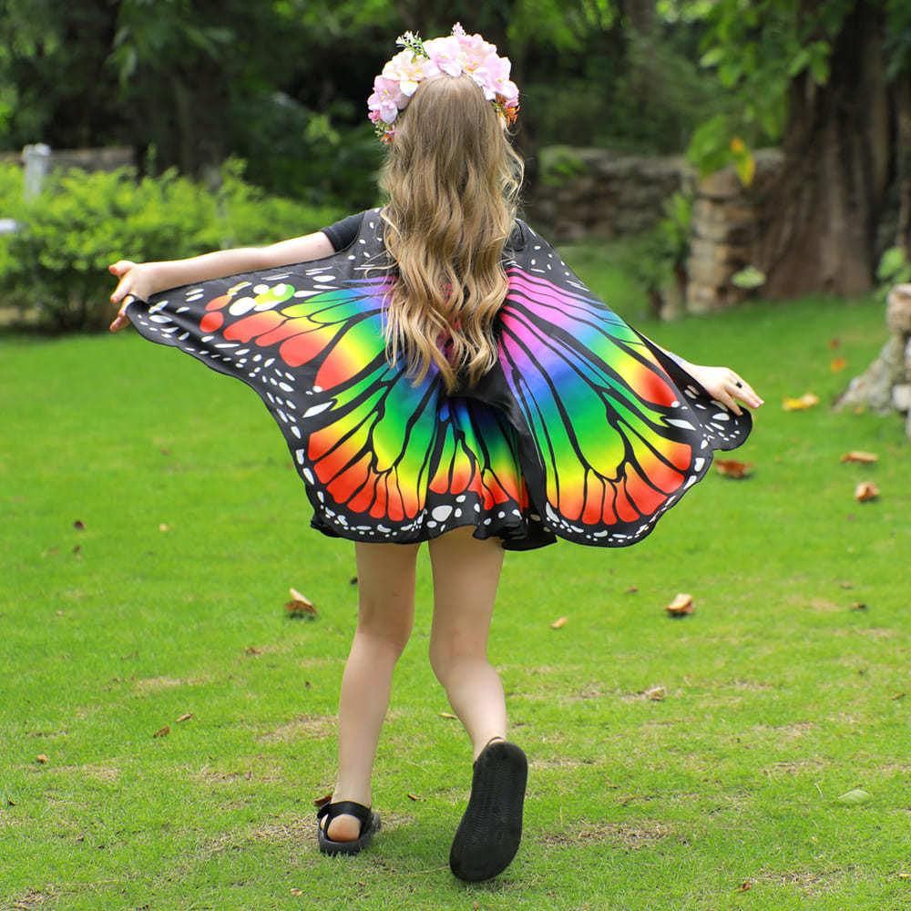 Rainbow Butterfly Cape Costume Set for Girls — One Size 1m–1.4m (39–55 in), 2 Headbands, Invite Cards & Stickers — All-Season Dress Up Outfit