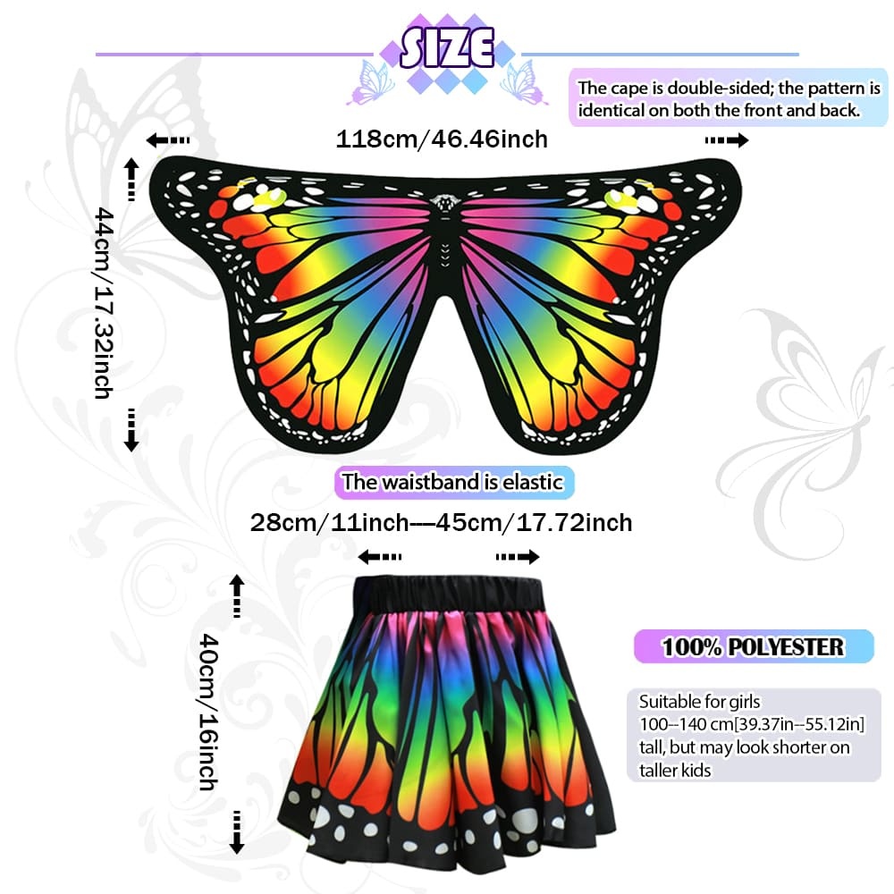 Rainbow Butterfly Cape Costume Set for Girls — One Size 1m–1.4m (39–55 in), 2 Headbands, Invite Cards & Stickers — All-Season Dress Up Outfit