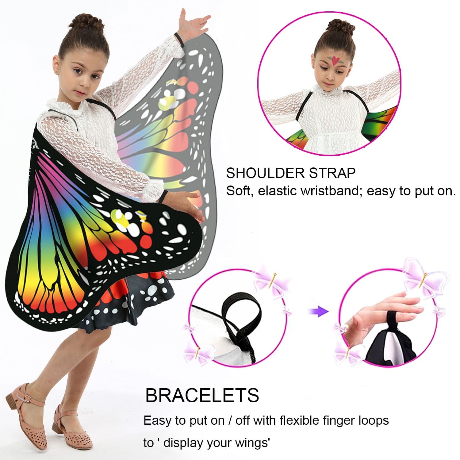 Rainbow Butterfly Cape Costume Set for Girls — One Size 1m–1.4m (39–55 in), 2 Headbands, Invite Cards & Stickers — All-Season Dress Up Outfit