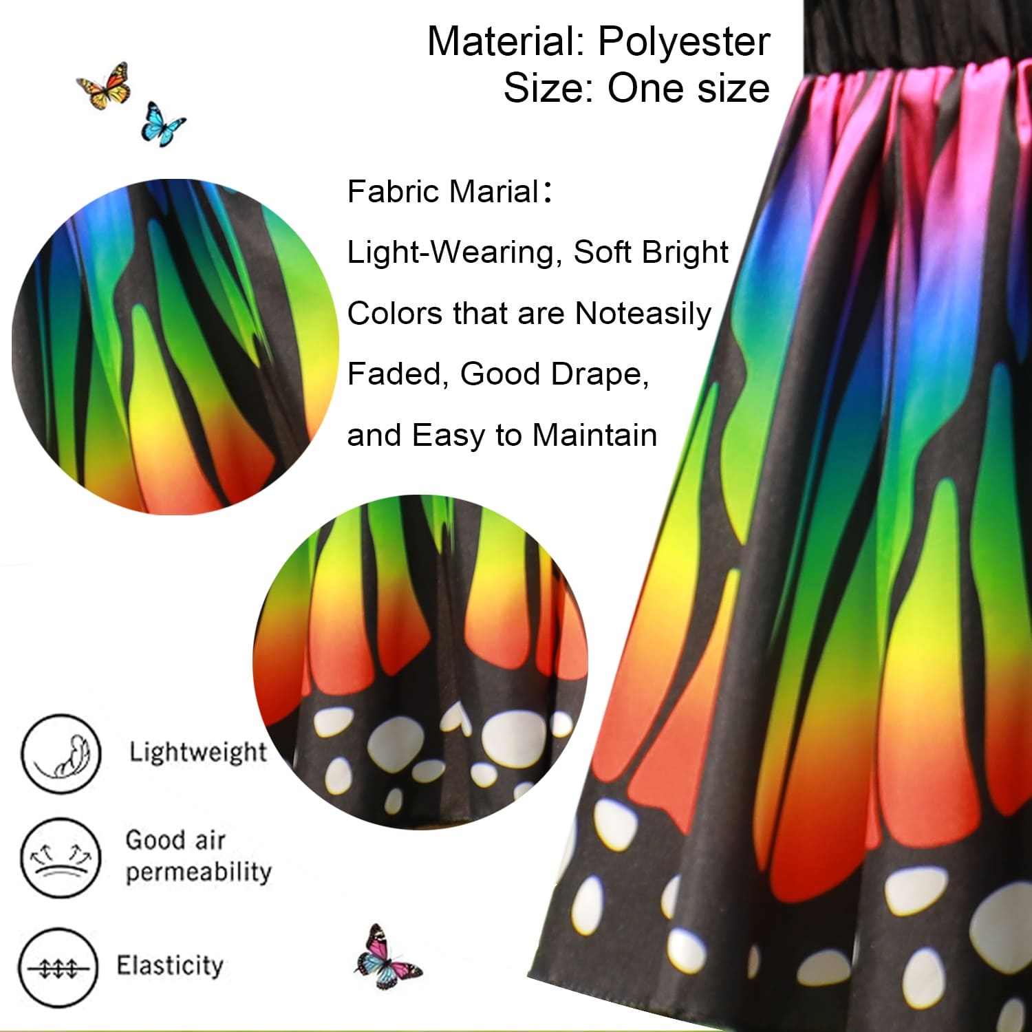 Rainbow Butterfly Cape Costume Set for Girls — One Size 1m–1.4m (39–55 in), 2 Headbands, Invite Cards & Stickers — All-Season Dress Up Outfit