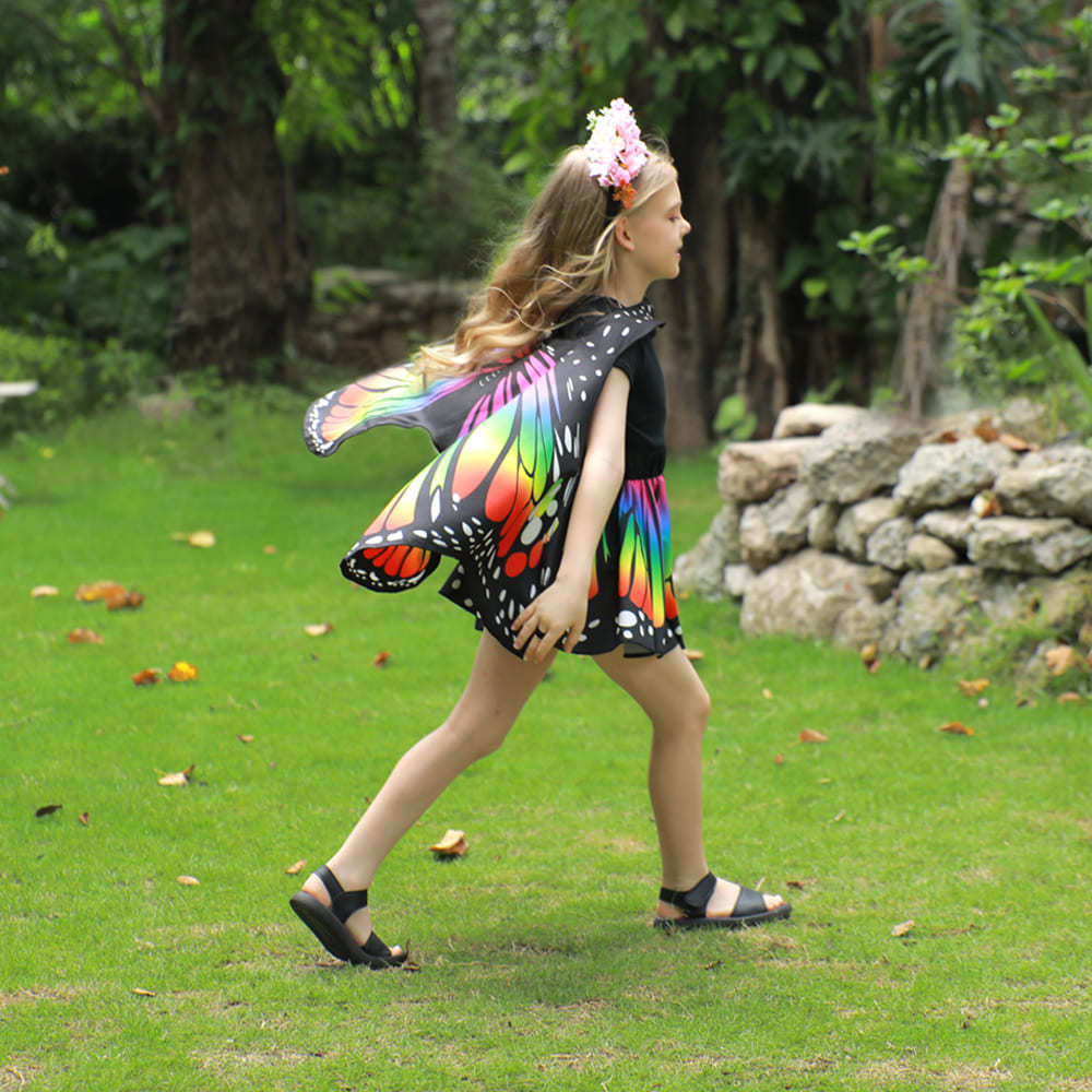 Rainbow Butterfly Cape Costume Set for Girls — One Size 1m–1.4m (39–55 in), 2 Headbands, Invite Cards & Stickers — All-Season Dress Up Outfit
