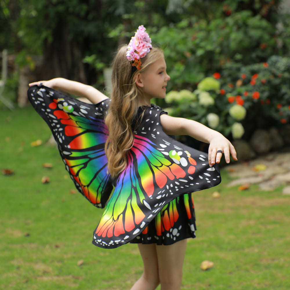 Rainbow Butterfly Cape Costume Set for Girls — One Size 1m–1.4m (39–55 in), 2 Headbands, Invite Cards & Stickers — All-Season Dress Up Outfit