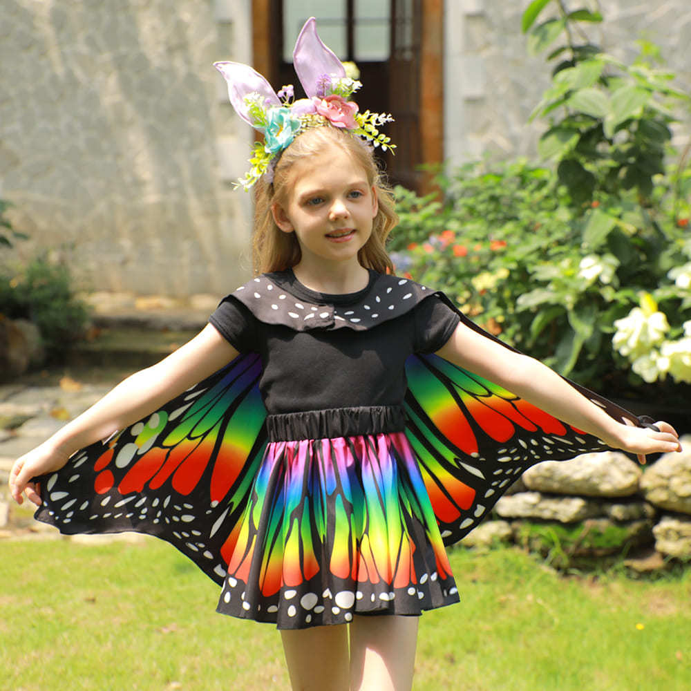 Rainbow Butterfly Cape Costume Set for Girls — One Size 1m–1.4m (39–55 in), 2 Headbands, Invite Cards & Stickers — All-Season Dress Up Outfit