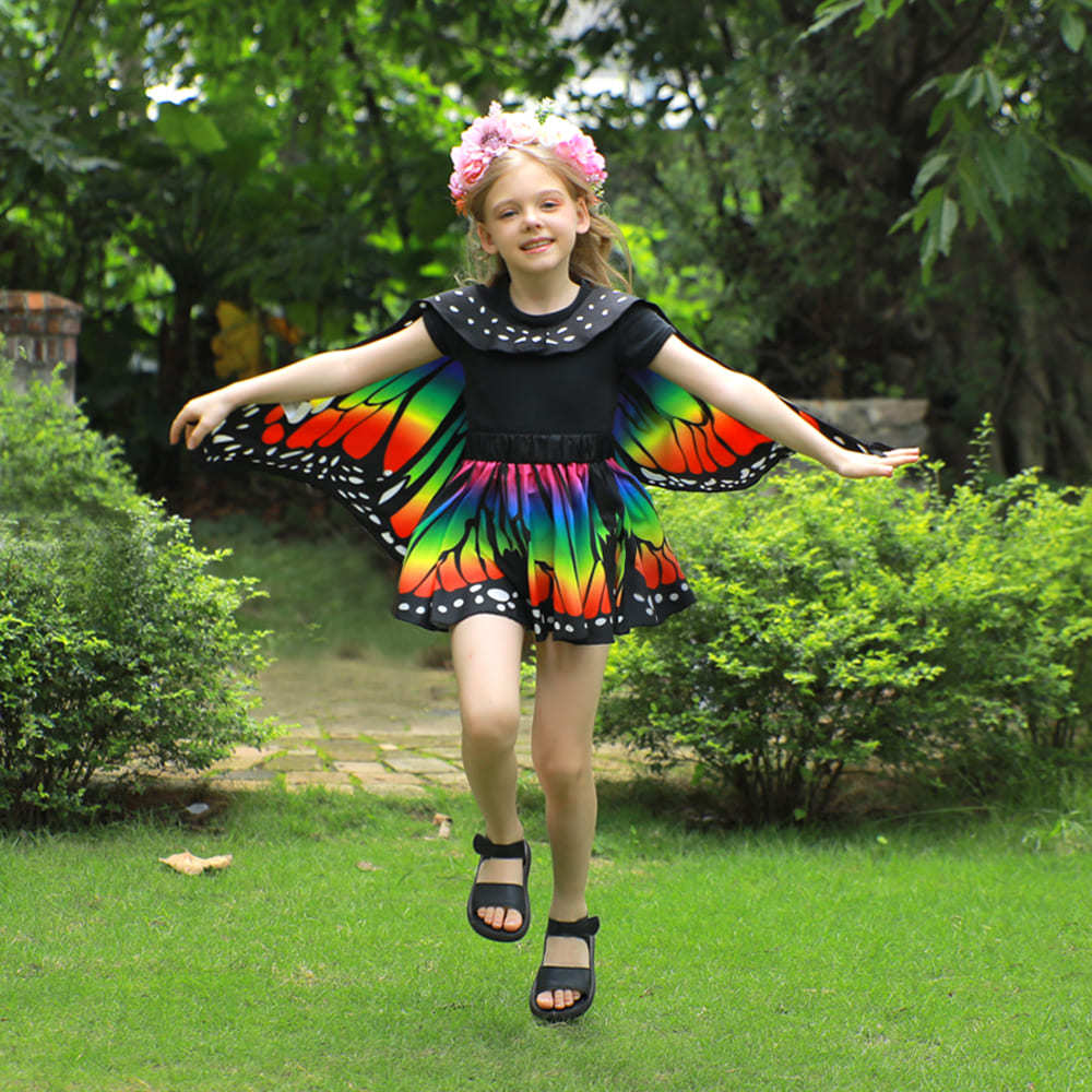 Rainbow Butterfly Cape Costume Set for Girls — One Size 1m–1.4m (39–55 in), 2 Headbands, Invite Cards & Stickers — All-Season Dress Up Outfit