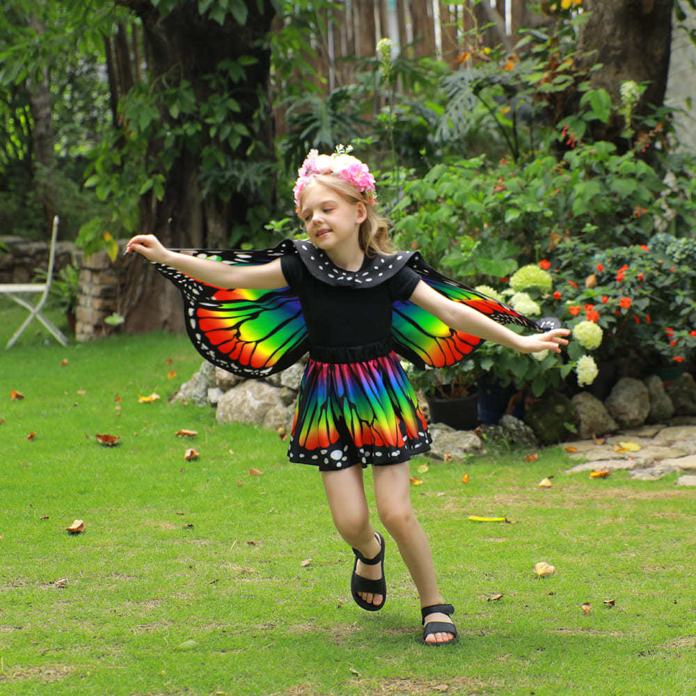 Rainbow Butterfly Cape Costume Set for Girls — One Size 1m–1.4m (39–55 in), 2 Headbands, Invite Cards & Stickers — All-Season Dress Up Outfit