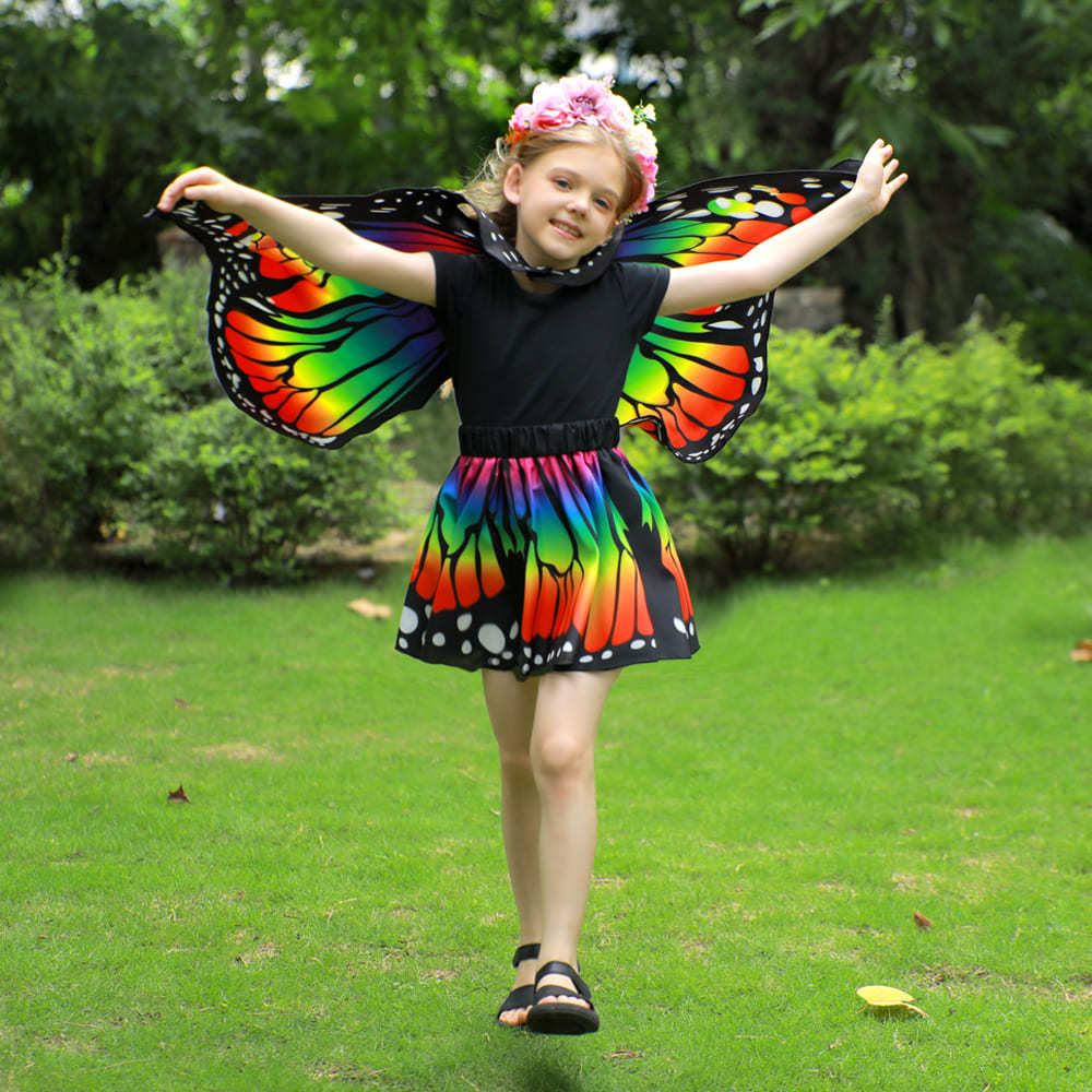 Rainbow Butterfly Cape Costume Set for Girls — One Size 1m–1.4m (39–55 in), 2 Headbands, Invite Cards & Stickers — All-Season Dress Up Outfit