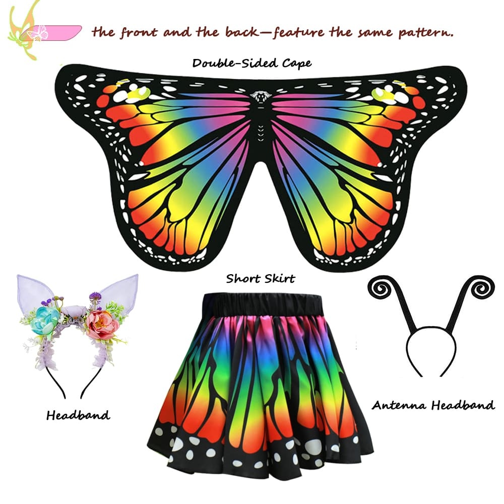 Rainbow Butterfly Cape Costume Set for Girls — One Size 1m–1.4m (39–55 in), 2 Headbands, Invite Cards & Stickers — All-Season Dress Up Outfit