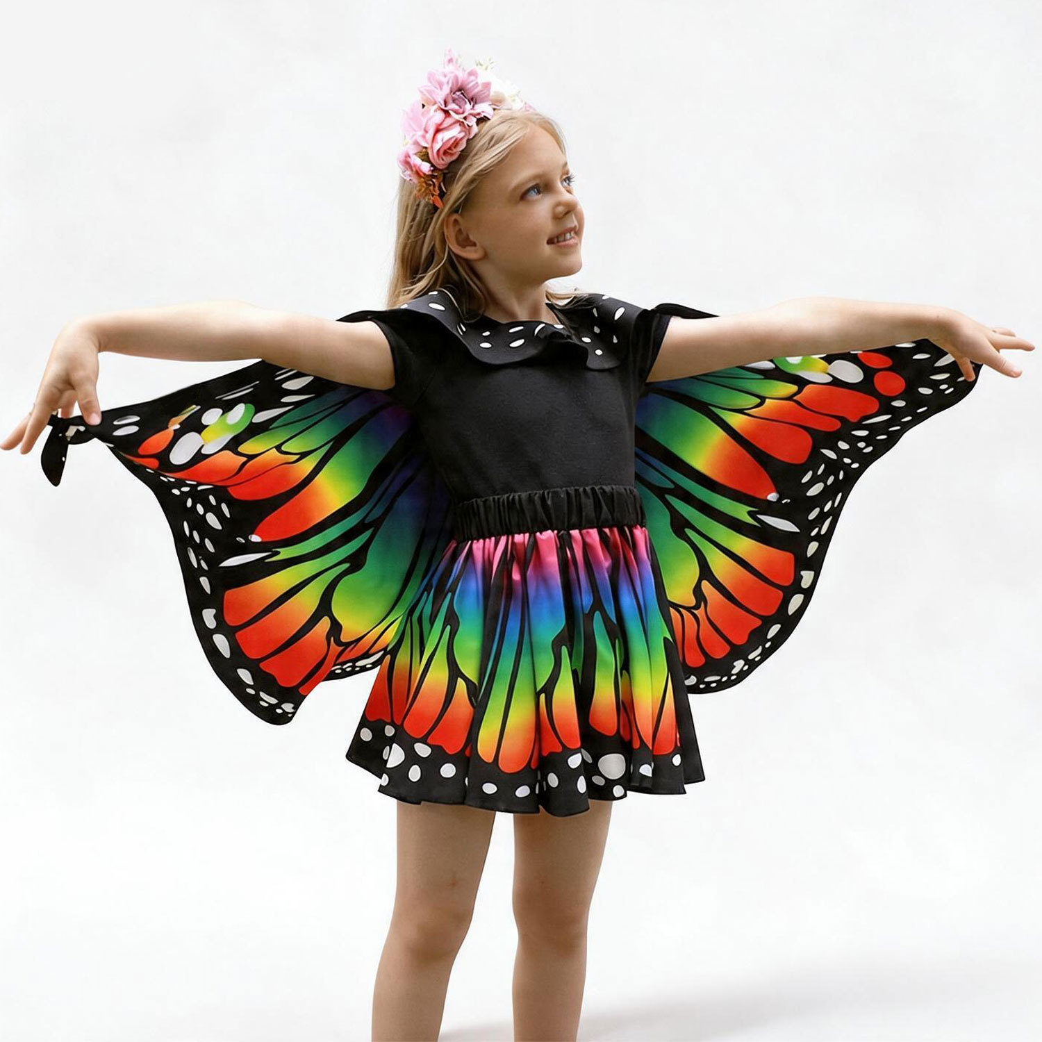 Rainbow Butterfly Cape Costume Set for Girls — One Size 1m–1.4m (39–55 in), 2 Headbands, Invite Cards & Stickers — All-Season Dress Up Outfit