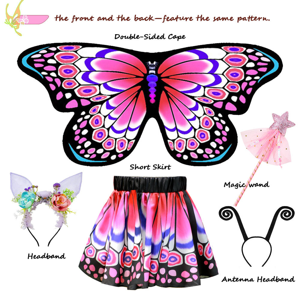 Girls Magical Fairy Wings Costume Set with Skirt, 2 Headbands & Wand, Ages 5–11（one size）
