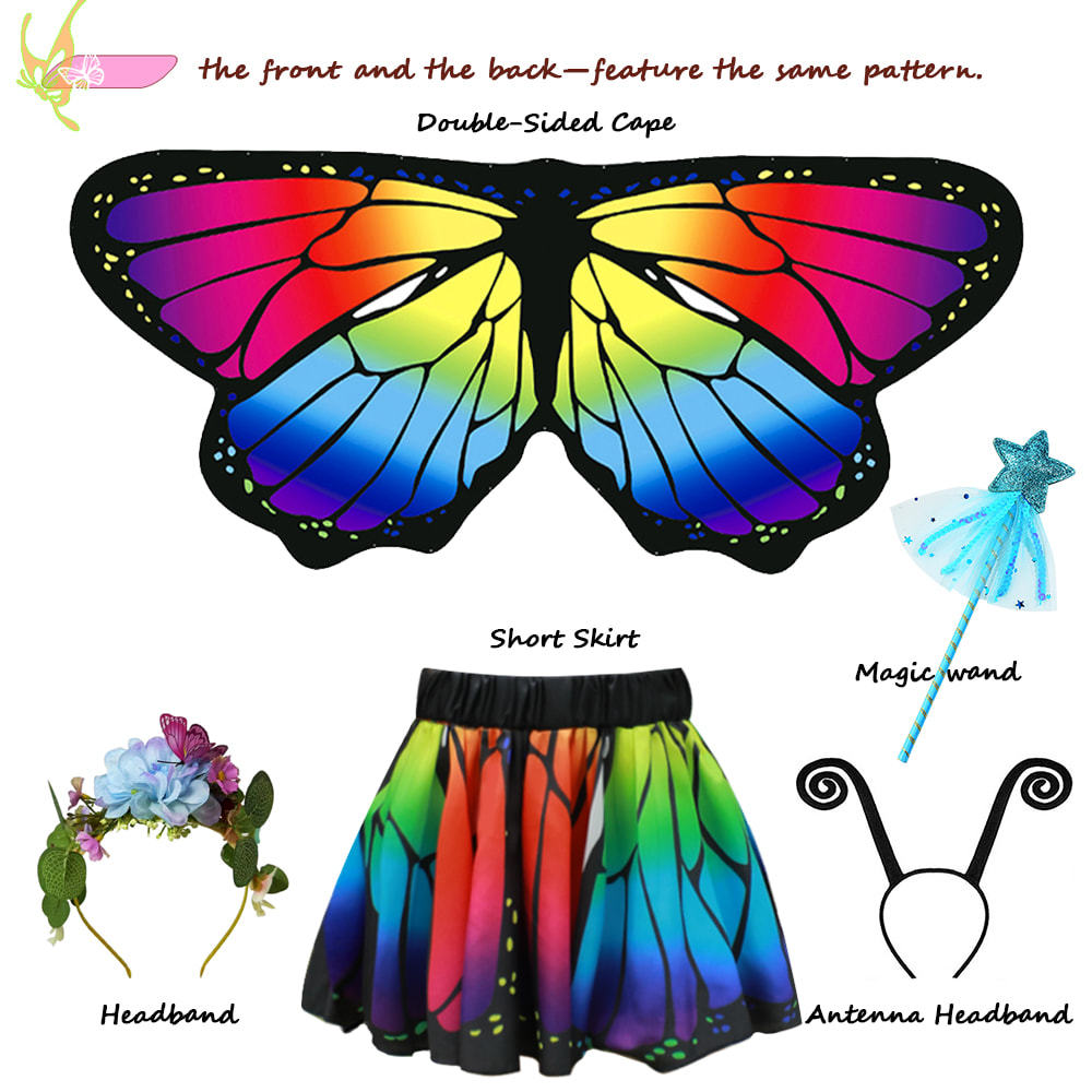 Girls Butterfly Cape Costume Set (Polyester) – Rainbow Fairy Wings Cape & Headbands for Kids Age 5-11, One Size 39–55 in, Dress Up for Party, Performance, Halloween & Gift