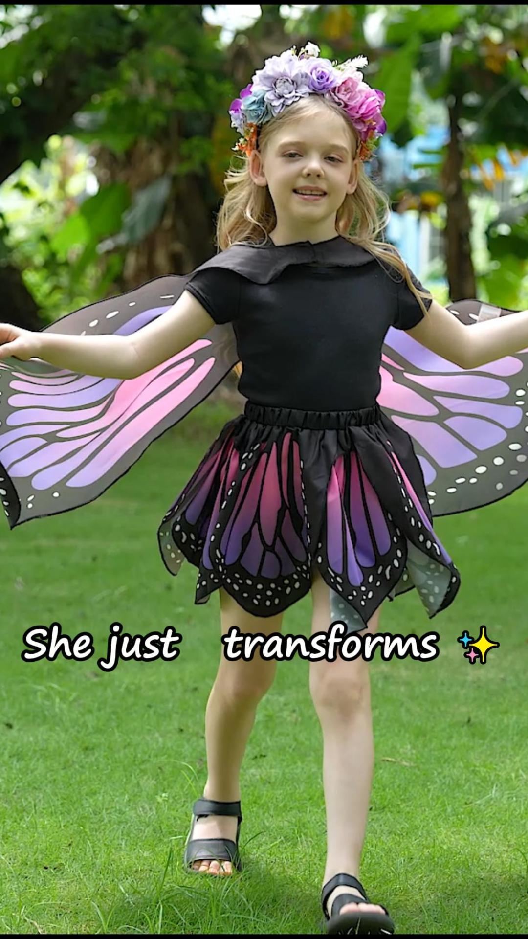 Girls Purple Butterfly Costume Set with Cape, Skirt, Mask, Headband & Wand, Ages 5–11 (One size)
