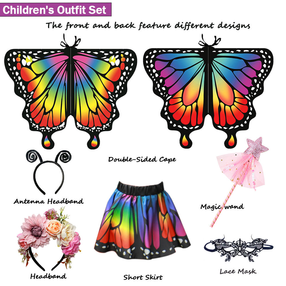 Rainbow Butterfly Costume Set for Mom & Daughter — Cape, Skirt, Headband & Mask | Mommy and Me Halloween Outfit