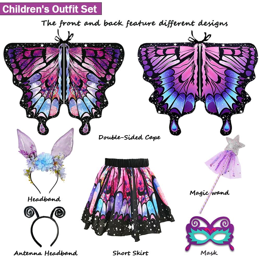 Girls Long-Tail Butterfly Wings Dress-Up Set with Skirt & 2 Headbands & Wand, Ages 5+（One Size）