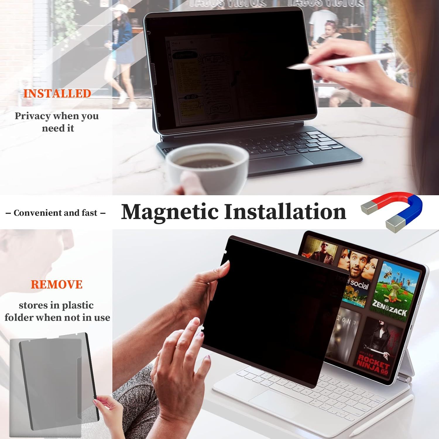 Mamol Upgrade 360° Privacy Screen Protector for Apple iPad Pro 13 inch 7th M4 2024/ 8th M5 2025, Magicsuction 4-Way Anti Spy Glare Blue Light Filter, High Sensitive/Bubble Free/Reusable