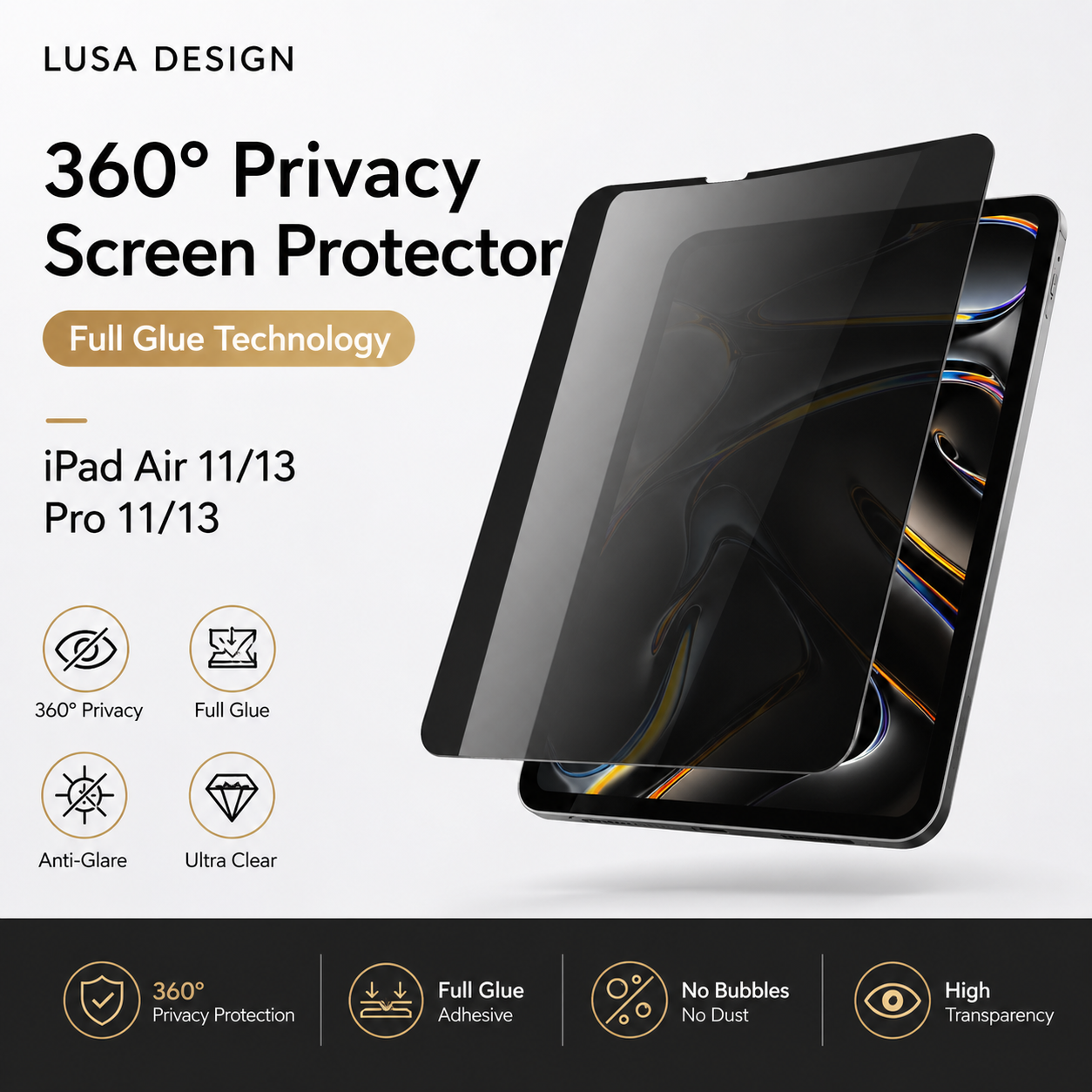 LUSA DESIGN iPad 360° Full Glue Anti-Spy Screen Protector
