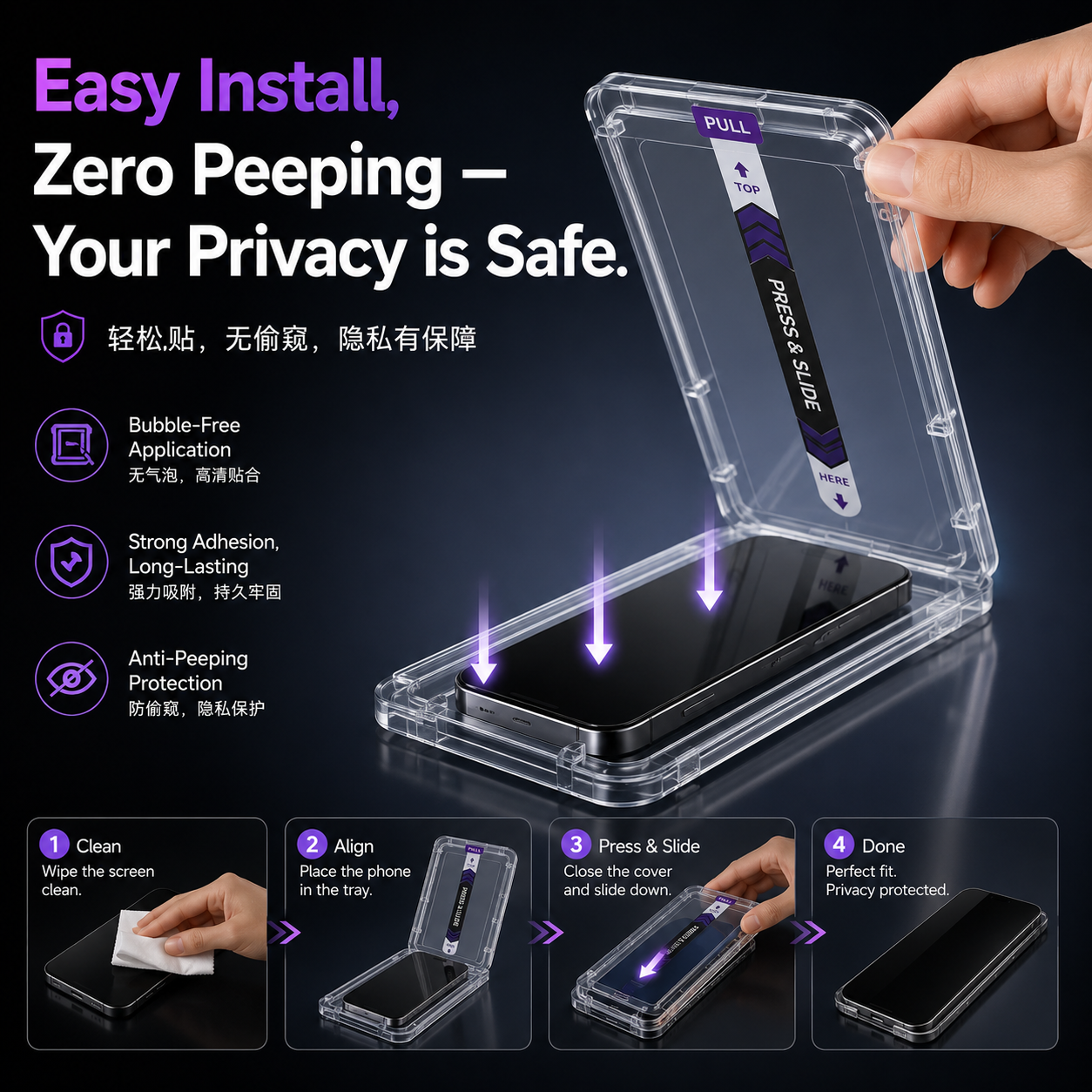 LUSA DESIGN iPhone 15/16/17 180° 2.5D AR(Anti-Reflective) Privacy Screen Protector, Dust-Free Install.