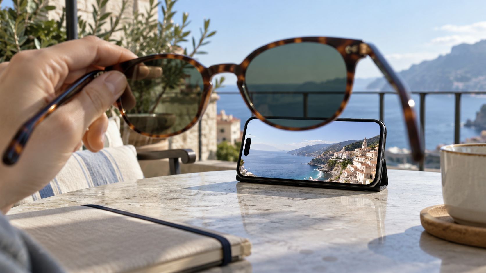 Illustration of sunglasses held near a phone in landscape orientation