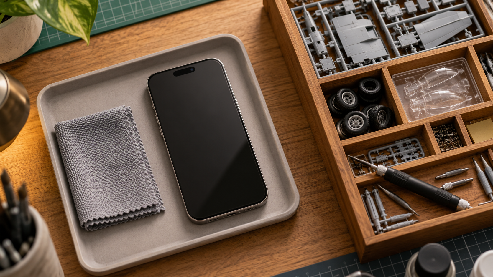 Illustration of a clean phone tray separated from model-making tools and parts
