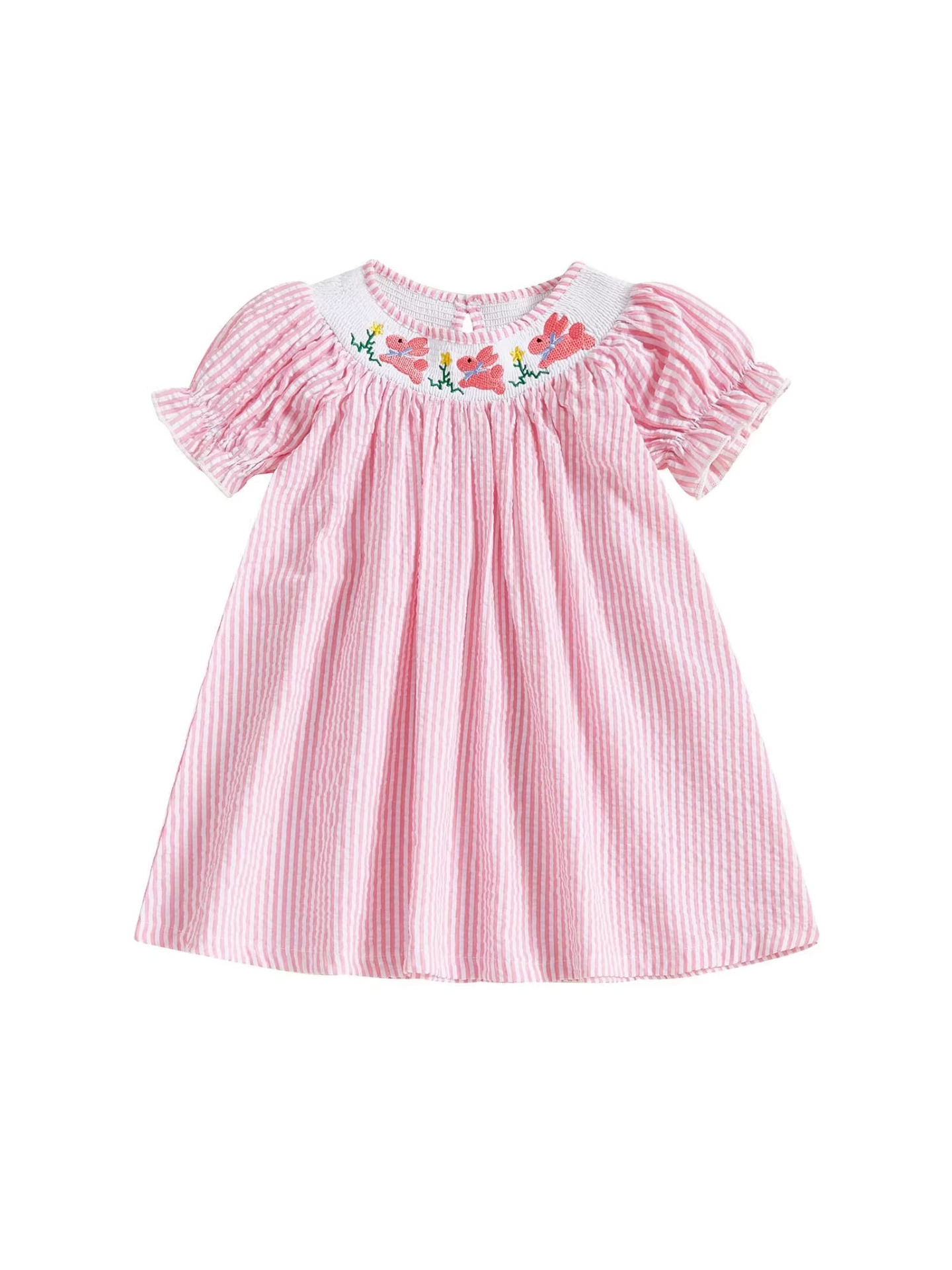 Kids girls short sleeve crew neck smocking embroidery dress