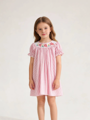 Kids girls short sleeve crew neck smocking embroidery dress