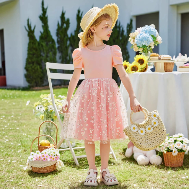 Girls Pink Floral Tulle Dress Puff Short Sleeve Kids Party Dress Ages 2-8
