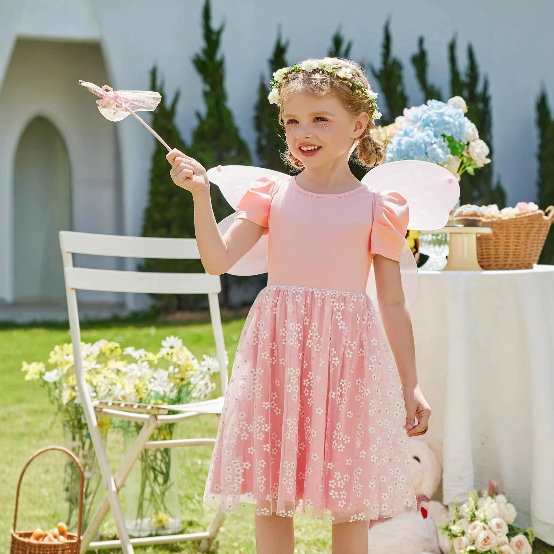 Girls Pink Floral Tulle Dress Puff Short Sleeve Kids Party Dress Ages 2-8