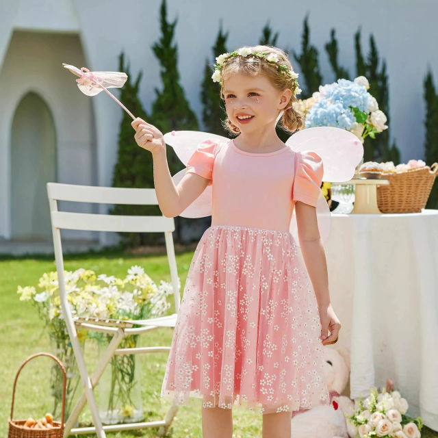 Girls Pink Floral Tulle Dress Puff Short Sleeve Kids Party Dress Ages 2-8
