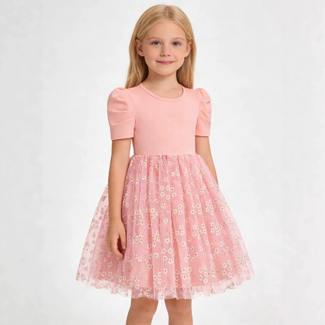 Girls Pink Floral Tulle Dress Puff Short Sleeve Kids Party Dress Ages 2-8