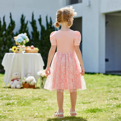 Girls Pink Floral Tulle Dress Puff Short Sleeve Kids Party Dress Ages 2-8