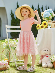 Girls Pink Floral Tulle Dress Puff Short Sleeve Kids Party Dress Ages 2-8
