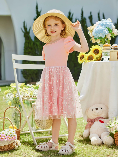 Girls Pink Floral Tulle Dress Puff Short Sleeve Kids Party Dress Ages 2-8