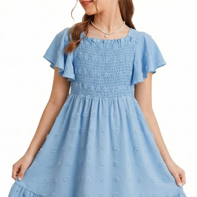 Kids  smock on top ruffle sleeves podka dot dress