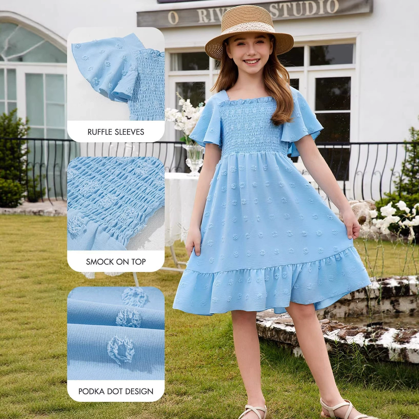 Kids  smock on top ruffle sleeves podka dot dress