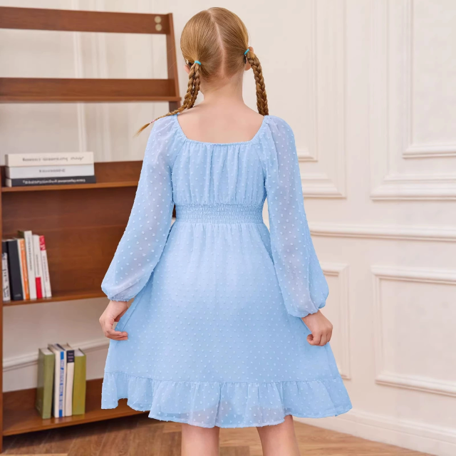 Kids girls short sleeve crew neck smocking embroidery dress