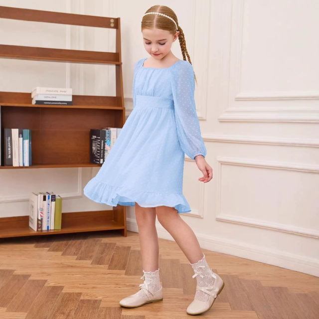 Kids girls short sleeve crew neck smocking embroidery dress