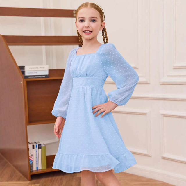 Kids girls short sleeve crew neck smocking embroidery dress