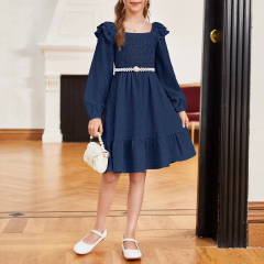 Kids girls short sleeve crew neck smocking embroidery dress